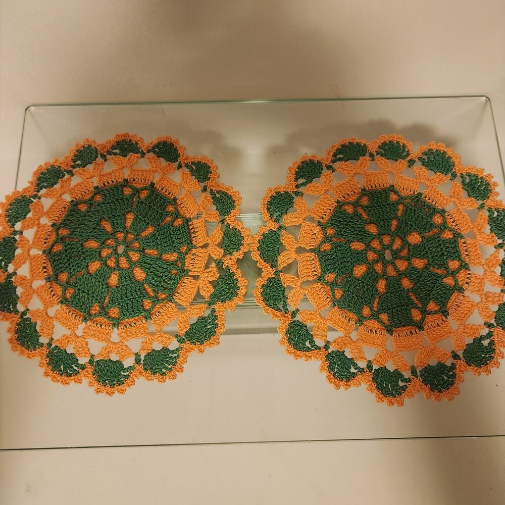 Vintage Handmade set of 2 Green & Pink Doily